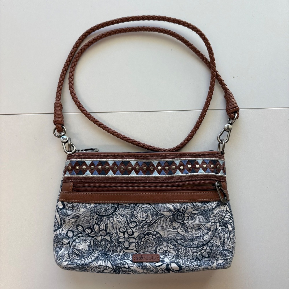 Sakroots Crossbody Bag Womens Medium Navy White Floral Mandala Studded Boho